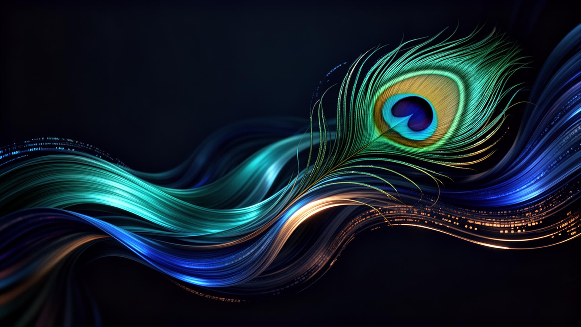 Plume de paon stylisée et flux de données iridescents